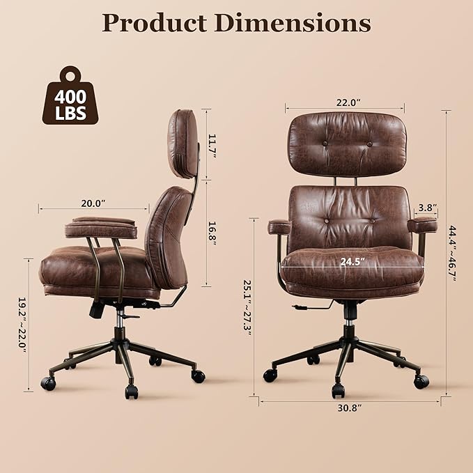Mid Century Modren Large Office Chair, Big and Tall Ergonomic Executive Chair for Heavy Duty People, Desk Task Chair with Wheels, Faux Lether Fabric Wide Chair for Home Sturdy,Dark Brown