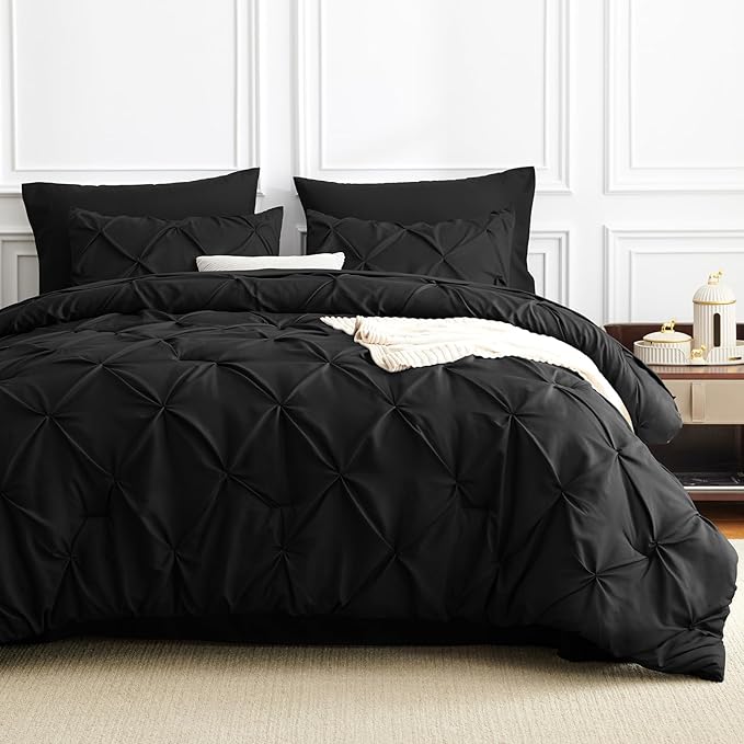 CozyLux Twin XL Comforter Set Black, 5 Pieces Twin Extra Long Pintuck Bed in A Bag for College Dorm, Pinch Pleat Bedding Set with Comforter, Sheets, Pillowcase & Sham