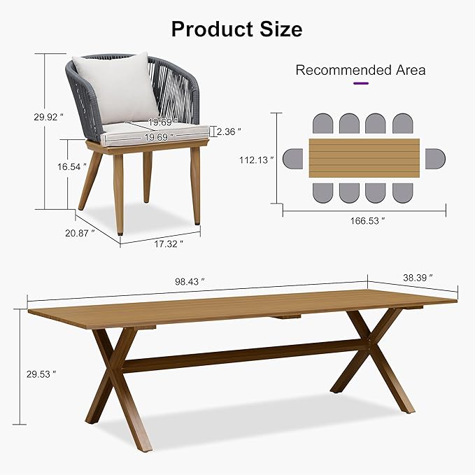 PURPLE LEAF 11 Pieces Patio Dining Table Set Wicker Outdoor Furniture Rectangular Table and Chairs Set for Garden Deck Teak-Finish Aluminum Frame Backyard Kitchen Set, Cushions and Pillows Included