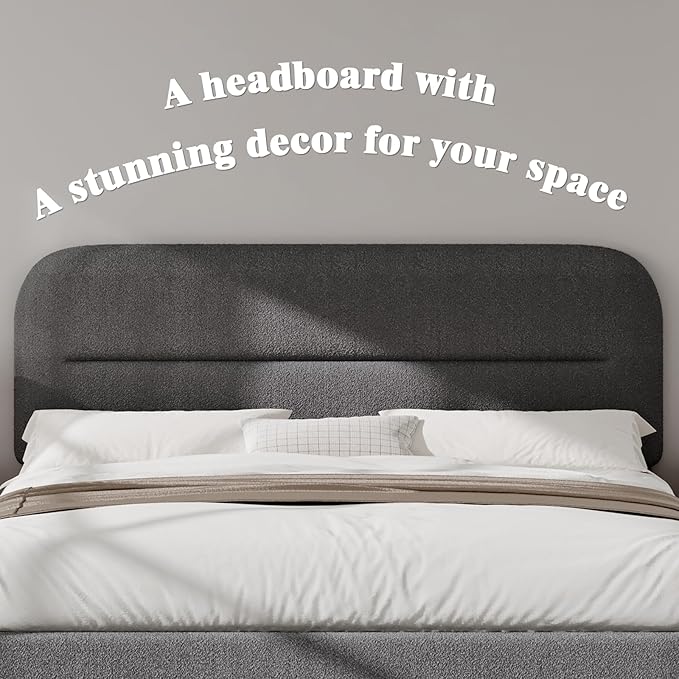 Full Size Boucle Bed Frame, Soft Upholstered Headboard, Thickened Footboard, Rounded Corners, No Box Spring Needed, Easy Assembly, Grey