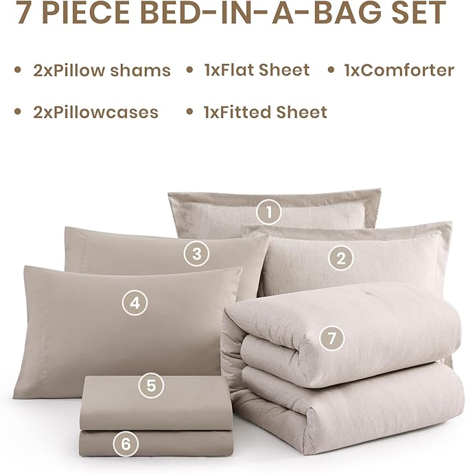Monbix Full Size Comforter Set, Oatmeal Bedding Comforter for Full Size Bed Set Reversible, Bedding Sets Full 7 Pieces, Cationic Dyeing Bed in a Bag with Comforter, Sheets, Pillowcases & Shams