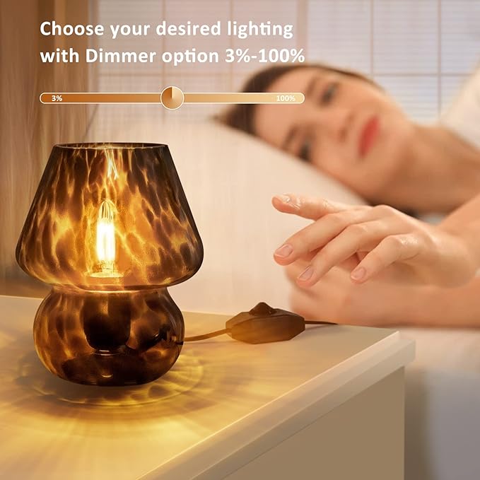 ONEWISH Mushroom Lamp Small Vintage Table Lamp for Bedroom Set of 2, Nightstand Bedside Lamp Translucent Glass Dimmable, Murano Aesthetic Home Decor for Living Room Kitchen Dorm(Black)