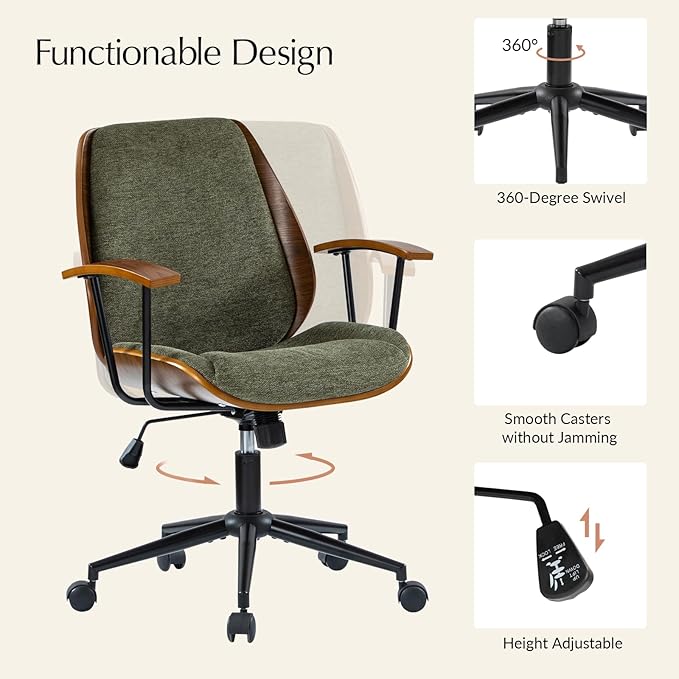 HULALA HOME Solid Wood Office Chair with Rocking Function, Comfy Fabric Desk Chair with Bent Wood and Metal Base, Height Adjustable Swivel Computer Task Chair, Green