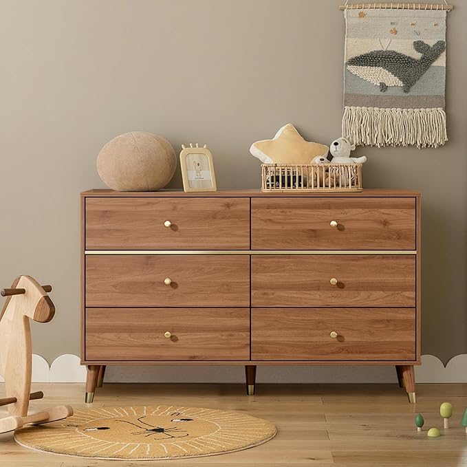 6 Drawer 47" Wide Mid Century Wooden Chest of Drawers, Walnut