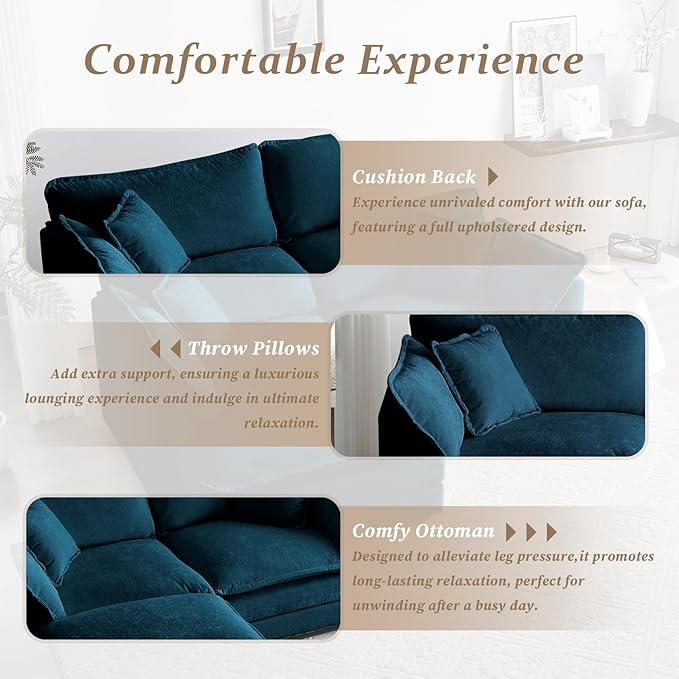 SoarFlash Chenille Sectional Sofa, Comfy L Shaped Modular Coush Sofa with Ottoman, Modern 2 Seat Couch Deep Seat Sofa Set for Living Room,Deep Blue