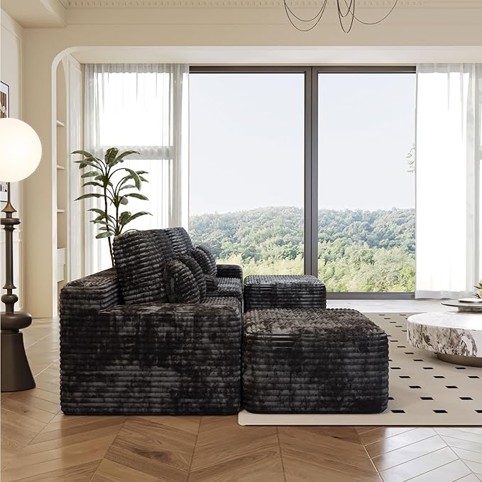 KEIKI 150" U-Shaped Oversized Corduroy Modular Sectional Sofa with 2 Ottomans and Multi Functional, 6-Seater Upholstered Couch, Easy Assembly, for Living Room, Black