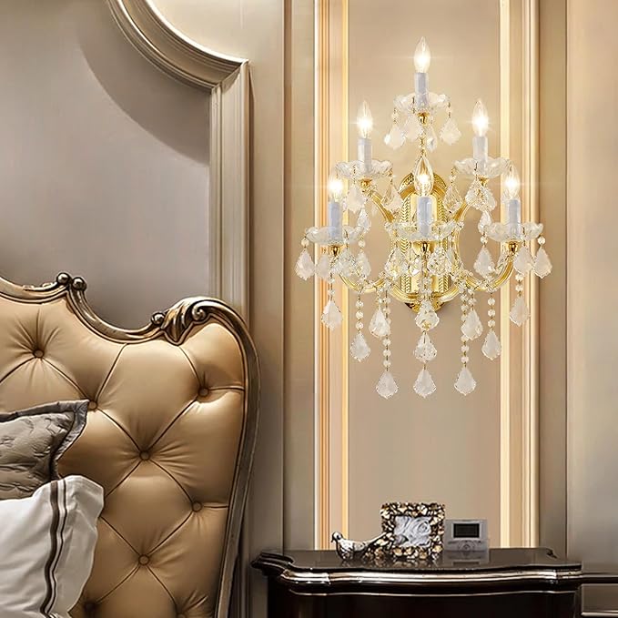 Modern Crystal Wall Sconce Lights- 6 Light Maria Theresa Crystal Wall Sconces Lighting Gold Wall Lamp Chandelier Light Fixtures for Living Room Wall Sconce Light Wall Mounted Lamp Indoor