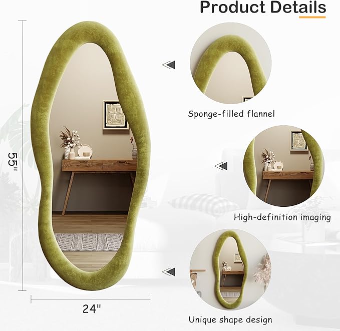 Honyee 55" x 24" Wall Mirror, Flannel Wrapped Wooden Frame Wavy Mirror, Irregular Mirror Hanging for Cloakroom/Bedroom/Living Room, Green