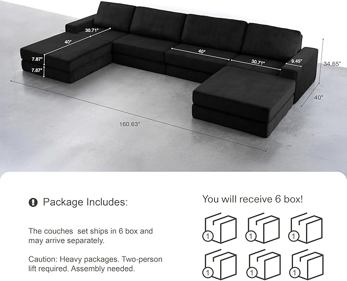 160.63‘’ Boneless Couch Cloud Modular Sectional Couches for Living Room, Oversize U-Shape Sofa with Deep Seat, Plush Corduroy 4-Seater with 2-Ottoman, No Assembly Required