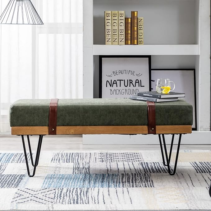 DUOMAY Industrial Modern PU Rectangle Ottoman Bench with PU Strap and Metal Legs, Mid Century Dining Table Bench Footstool Entryway Shoe Bench for Bedroom Dining Room Living Room, Green