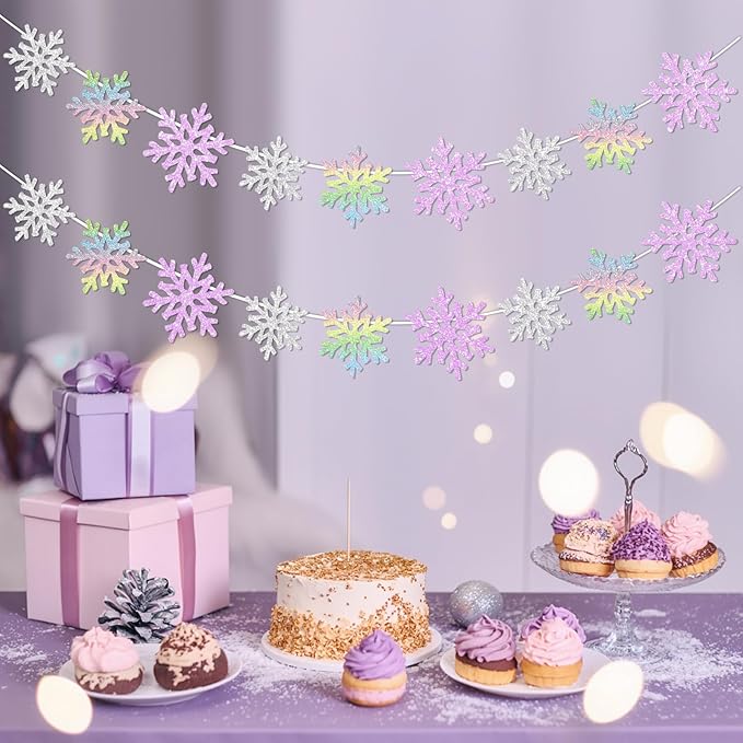 2Pack Silver and Purple Snowflake Garland Winter Wondeland Decorations, Glitter Snowflake Banner for Girl/Women Frozen Birthday Party Decorations and Christmas Baby Shower Party Supplies.
