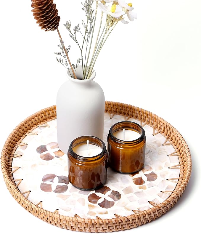 Round Rattan Tray with Mother of Pearl Inlay & Wooden Base - Decorative Wicker Serving Tray for Coffee/Bread/Fruits Display - Multipurpose Home Decor (M,Four-Petal Flower)