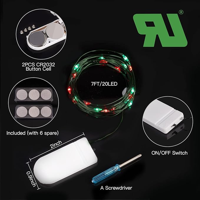 Brightown 12 Pack Led Fairy Lights Battery Operated String Lights Waterproof Silver Wire 7 Feet 20 Led Firefly Starry Moon Lights for DIY Wedding Party Bedroom Patio Christmas (12 Pack, Red & Green)