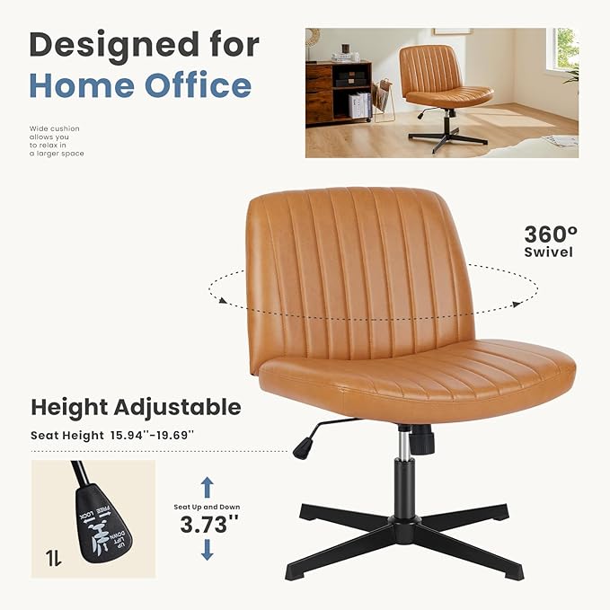 DUMOS Desk Chair No Wheels, Criss Cross Chair Wide Cross Legged Desk Vanity Chair, PU Leather Armless Adjustable Swivel Chairs for Home Computer Task Brwon