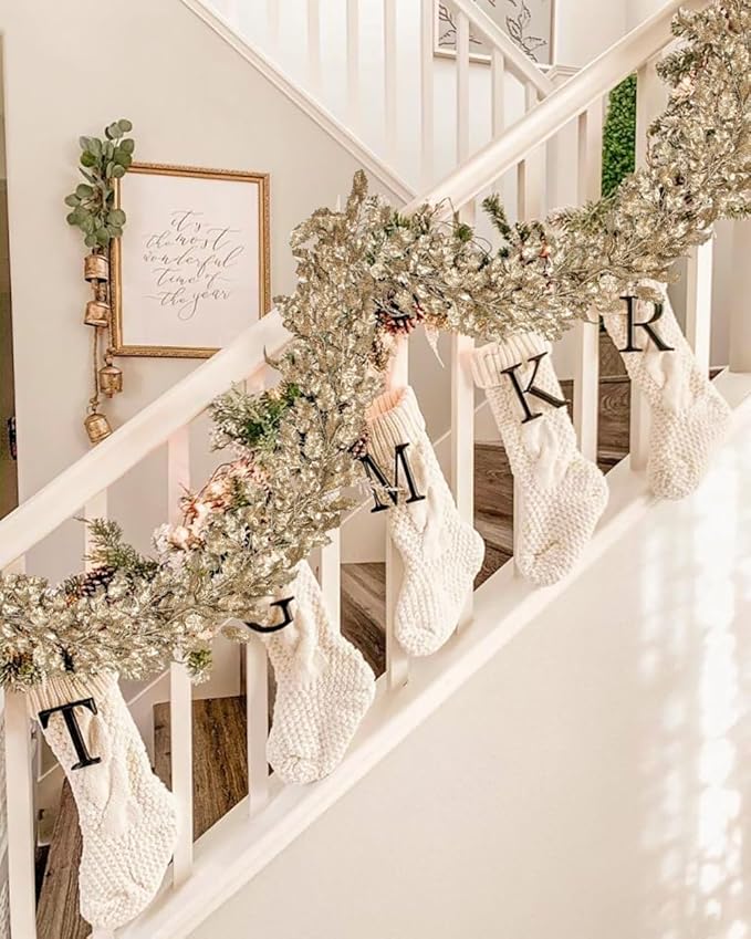 3 Pcs 6FT Christmas Garland Champagne Gold Glittered Artificial Holly Leaves for Mantle Christmas Tree Decorations Indoor Outdoor Hanging Garland Ornaments Garden Door Wall Window Stair Home Decor