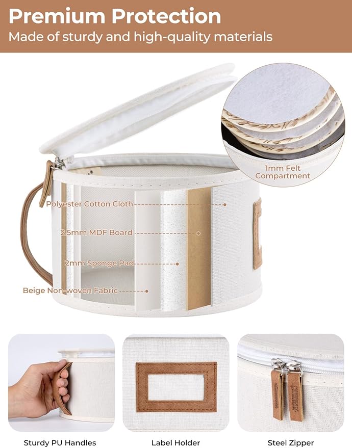 StorageWorks China Storage Containers, Hard Shell China Storage Boxes for Dishes, Plates and Mugs, Stemware Storage Cases, Holds up to 12 Place Setting, Foldable and Stackable Organizer, 5 Pack, Beige