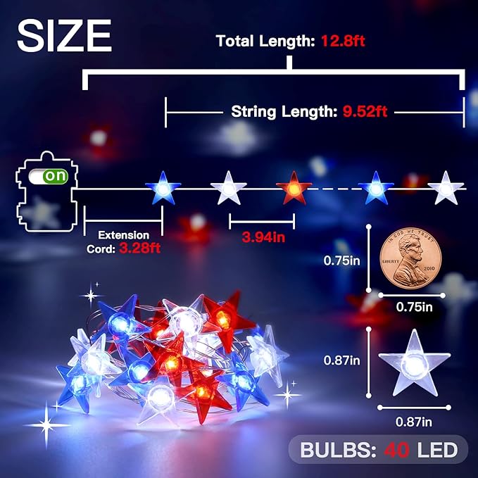 suddus 4th of July Decorations Red White and Blue String Lights Battery Operated 40 Led Star Fairy Lights for Independence Day Memorial Day