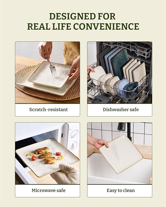 Famiware Dinnerware Sets for 4, Ocean Square 12-Piece Kitchen Plates and Bowls Sets, Microwave and Dishwasher Safe, Scratch Resistant, Vanilla White