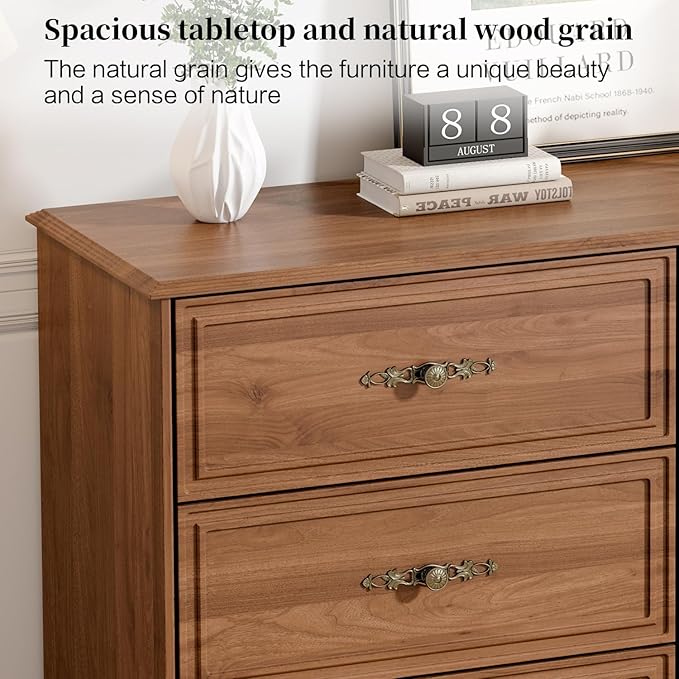 Mid Century Modern 6 Drawers Dresser for Bedroom 47" Wide Wood Rustic Chest of Drawers, Brownish