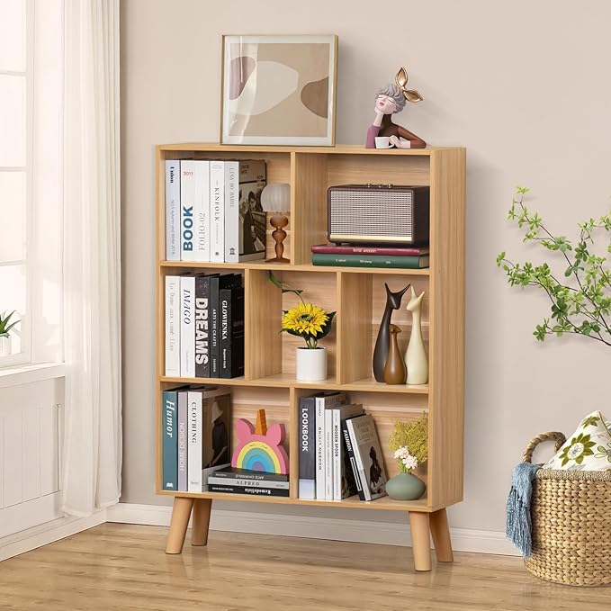 LEYAOYAO Wooden 7 Cube Book Shelf, Natural 3 Tier Bookshelf with Legs, Modern Open Storage Organizer,Boho Bookcase,Display Cabinet Shelf Free Standing Bookshelves for Bedroom,Living Room,Office