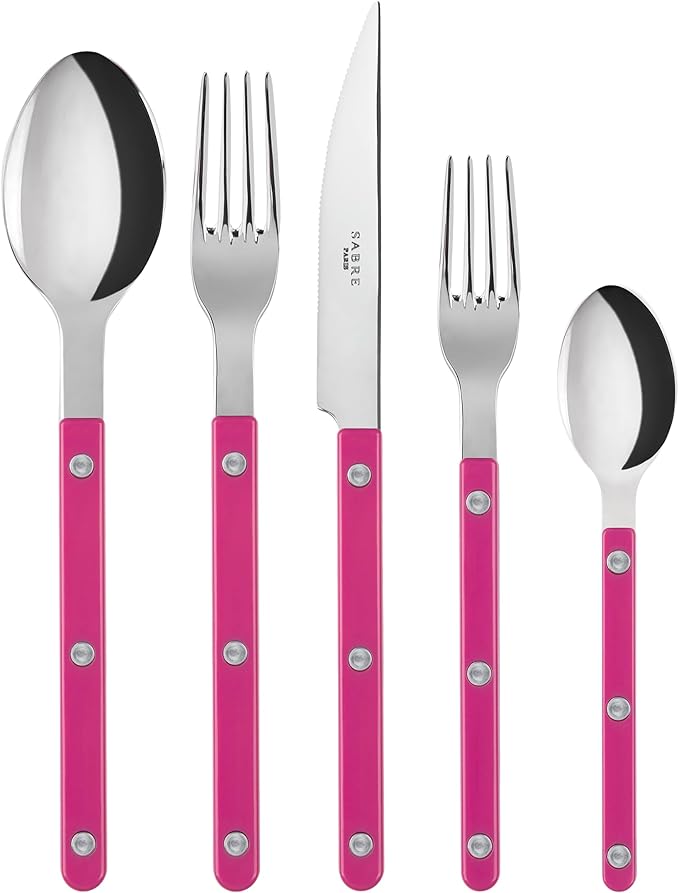 5-Piece Flatware Set - Bistrot Collection - Knife, Fork, Soup Spoon, Teaspoon & Dessert Fork - Stainless Steel & Nylon - Dishwasher Safe - Raspberry - Brilliant Finish