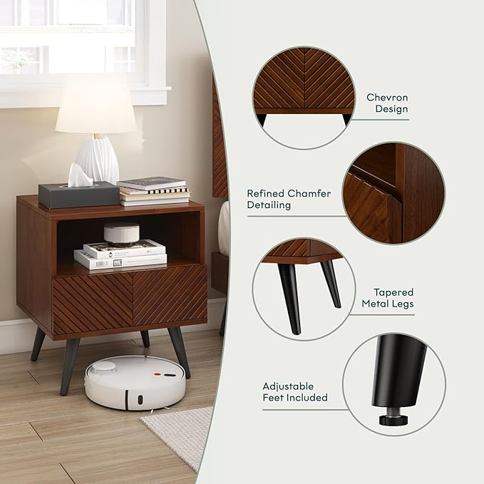 Bme Rhombus Wooden Nightstand with Storage Drawer – Solid Acacia Wood, Geometric Rhombus Pattern Front, Modern Scandinavian Side Table with Metal Base for Bedroom