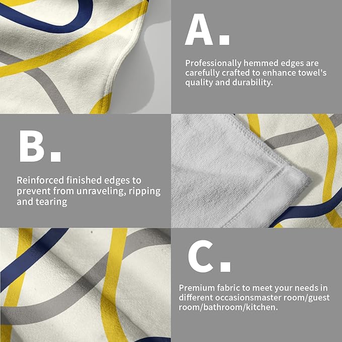 Modern Kitchen Towels Set of 2 Navy Yellow Grey Geometric Stripe Microfiber