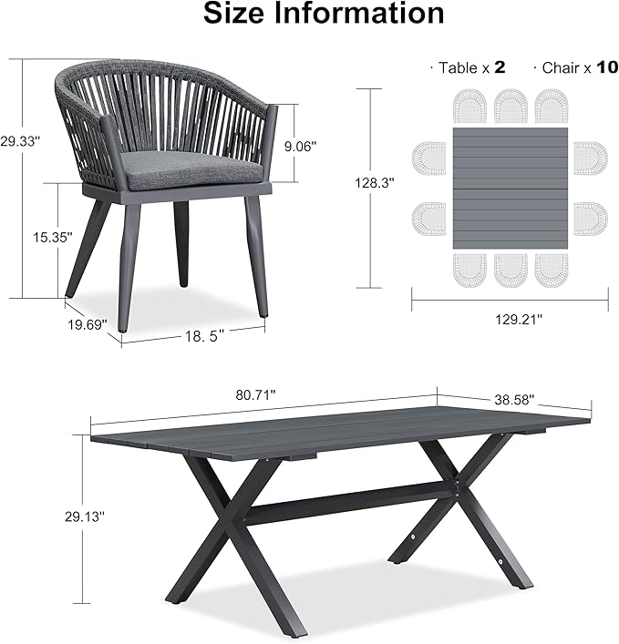 PURPLE LEAF 12 Pieces Outdoor Dining Set with Patio Aluminium Dining Table and Wicker Chairs Modern Furniture Cushions Sets for Backyard Indoor Decor Kitchen Gray