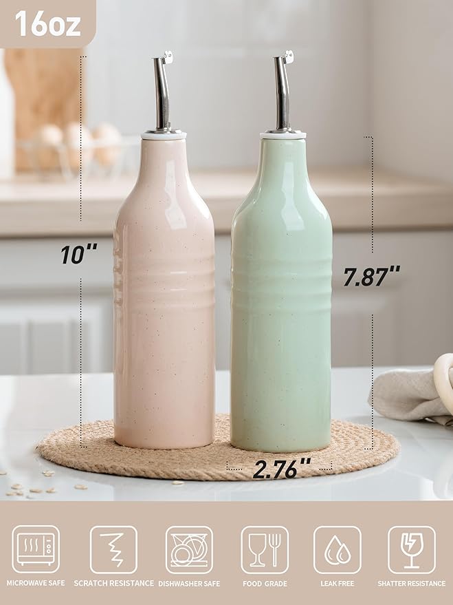 famiware Jupiter 16oz Ceramic Olive Oil Dispenser Bottle, Olive Oil and Vinegar Dispenser Bottle Set of 2 with Stainless Steel Pourers, Suitable for Storage Vinegar, Liquids, Light Pink & Light Green
