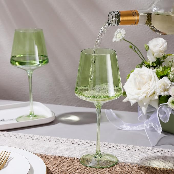 Physkoa Green Wine Glasses Set - 6-16oz Modern Colored Glassware With Tall Long Stem and Flat Bottom for Spring Home Party