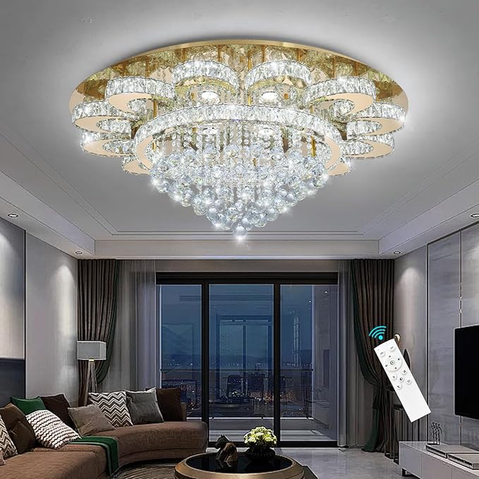 Modern Chandelier Living Room Light Glam Chandeliers Ceiling Light Fixture Remote Dimmable Lights 40 Inches Luxury Crystal Gold Dining Room Lights