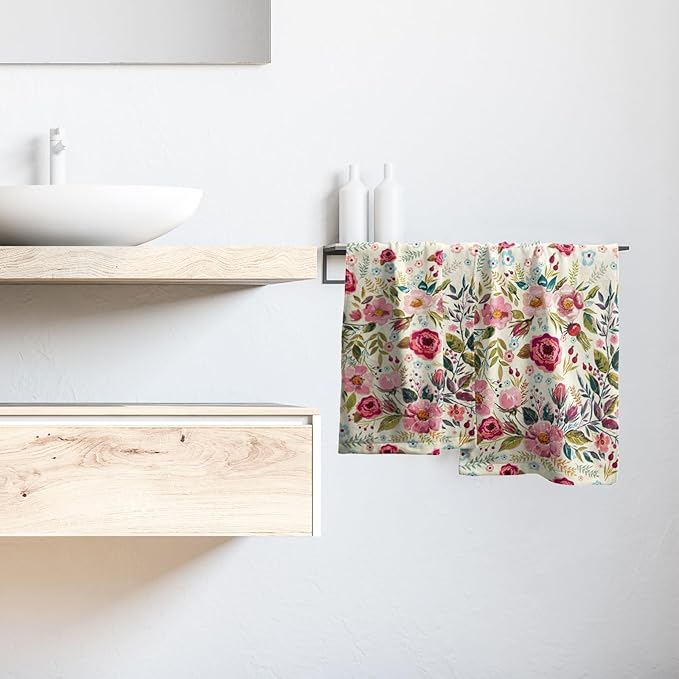 Pink Flower Hand Towels Peony Guest Dish Towels Absorbent Set for Kitchen Home Hot Pink Green Leaves 28.3x14.4