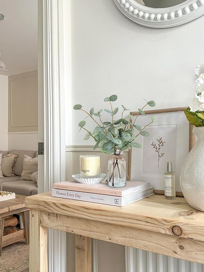 Artificial Eucalyptus Stems in Glass Vase with Faux Water, 13.5” Fake Plants for Home Decor Centerpieces, Office, Bathroom & Farmhouse Weddings - Faux Greenery Plants Decorations