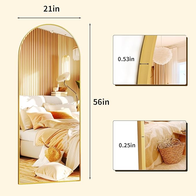 56" x21 Arched Full Length Mirror Floor Mirrors with Aluminum Alloy Frame Free-Standing Wall Mounted Floor Mirrors or Large Dressing Mirror, Gold Mirror Full Length