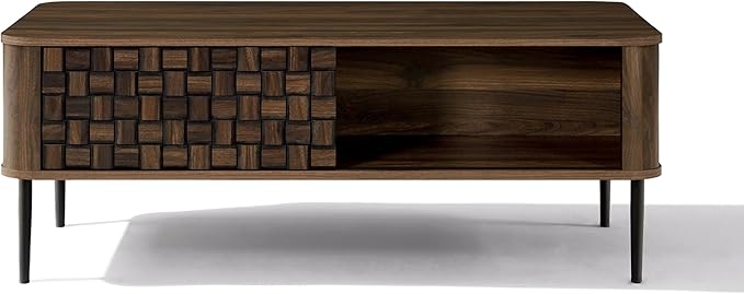 LuxenHome Coffee Table with Storage, 47" Mid Century Modern Wood Coffee Tables for Living Room, Dark Oak with Basket Weave Design 1-Sliding Door Wooden Center Table with Open Shelf