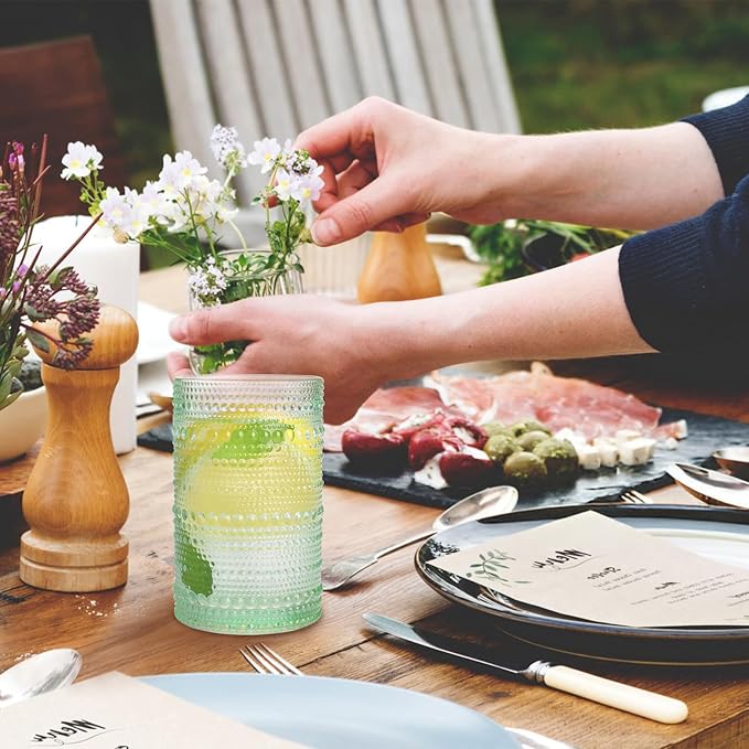 Green Hobnail Glasses Drinking Set of 4, 12 oz Cocktail Glasses, Green Vintage Glassware for Beer, Cocktail, Soda, Juice, Coffee and Various Mixed Drinks