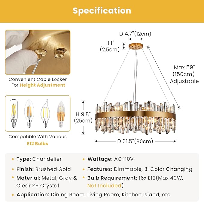 Siljoy Modern Crystal Chandelier 16 Lights Luxury Gold Round 2 Tiers Raindrop Chandelier Dimmable Flush Mount Crystal Ceiling Light for Dining Room Living Room Entryway Foyer D31.5''