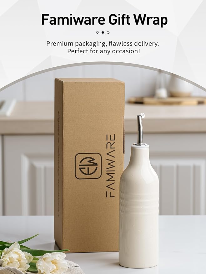 famiware Jupiter 16oz Ceramic Olive Oil Dispenser Bottle, Oil and Vinegar Dispenser Bottle Set of 2 with Stainless Steel Pourers, Suitable for Storage Vinegar, Liquids, Light Blue & Vanilla White