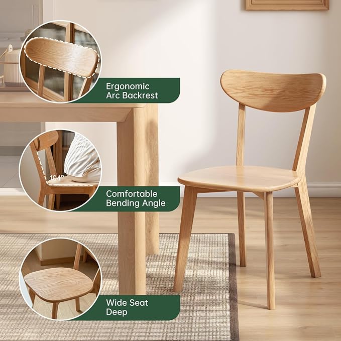 Oak Dining Chairs, Kitchen Chairs, 100% Solid Wood Modern Dinner Chair with Curved Backrest, Dining Room Chair for Kitchen, Living Room, Study (4PK, Natural)