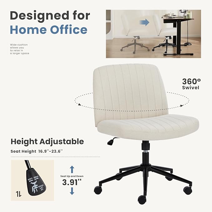 DUMOS Criss Cross Chair with Wheels, Wide Cross Legged Desk Vanity Chairs, Fabric Armless Adjustable Swivel Chairs for Home Computer Task, Beige