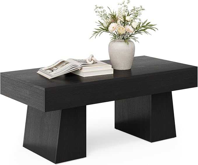 LITTLE TREE Farmhouse Coffee Table, 47 Inches Wooden Rectangular Accent Center Tables with Thick Base, Modern Low Cocktail Tea Furniture for Living Room (Black)