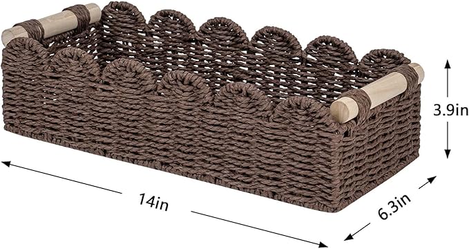 CubesLand Paper Rope Scalloped Edge Shelves Storage Basket, Woven Toilet Paper Baskets for Over Toilet Storage Shelf, Floating Shelves Organizing or Home Décor, with Wood Handle, Brown