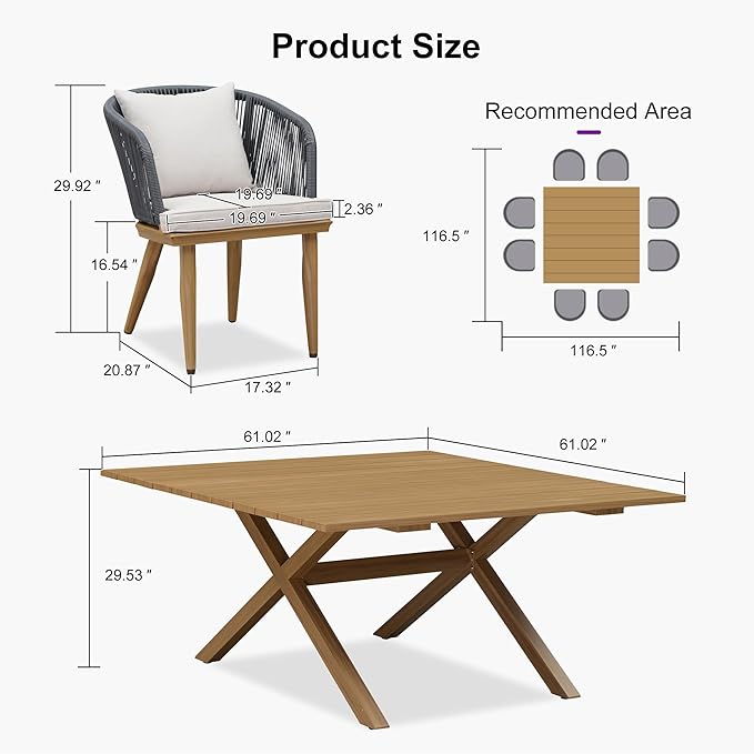 PURPLE LEAF 9 Pieces Outdoor Metal Furniture Set Patio Conversation Sets Wood Pattern Dining Set, 1 Dining Table and 8 Modern Chairs with Cushions Seat