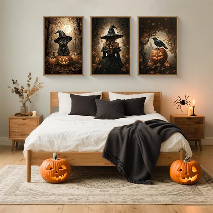 HOURIA Large Halloween Spooky Witch Black Cat Raven Framed Canvas Wall Art Set,Witchy Hat Pumpkin Wall Decor,Full Moon Autumn Forest Artwork,Dark Castle Art Prints for Living Room, Bedroom-16 x24 x3