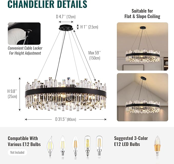 Siljoy Modern Crystal Chandelier 16-Light Farmhouse Black Round Crystal Raindrop Chandelier Industrial Dimmable Crystal Pendant Ceiling Light Fixture for Dining Living Room Entryway Foyer D31.5''