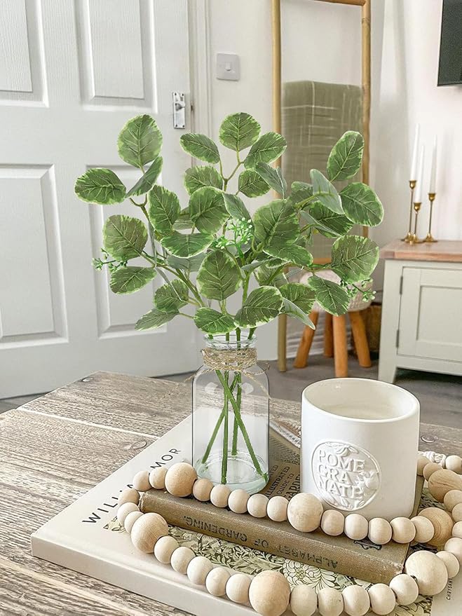 Fake Plants Eucalyptus Stems in Glass Vase with Faux Water, Artificial Plants Eucalyptus Leaves for Shelf Desk Bathroom Farmhouse Home Decor