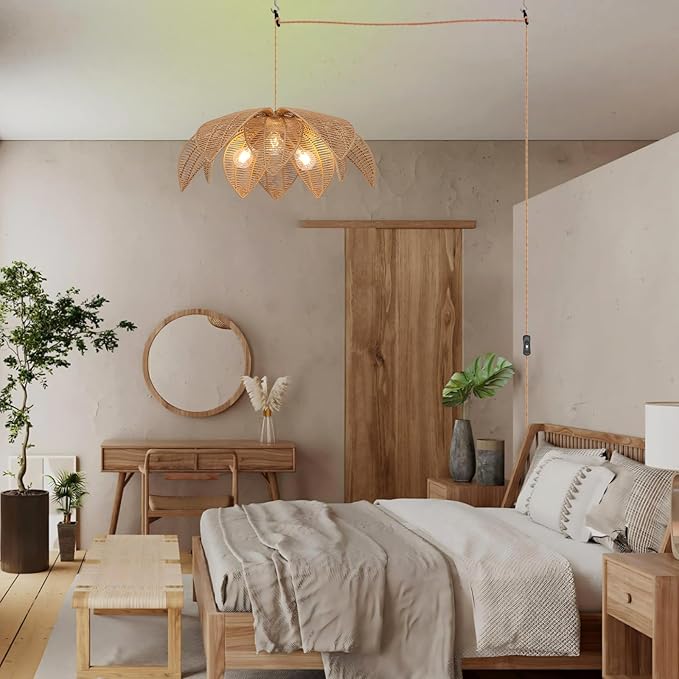 Rattan Plug in Pendant Light with 15FT Hemp Rope Cord Boho Light Fixture Can accommodate 3*E26 Bulbs of Woven Wicker Chandelier for Living Room Bedroom Dinning