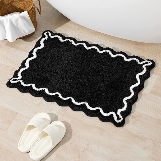 ORTIGIA Black Bath Mat with White Scallop Non Slip, Quick Dry Bath Rug Absorbent Soft Plush Microfiber Bathmat for Bathroom Floor for Sink Bedroom, 20x32