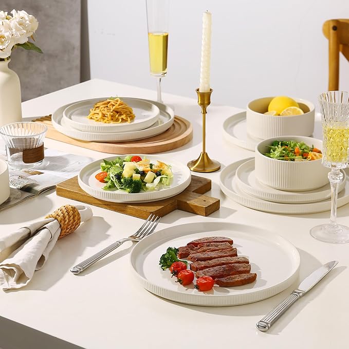 MONITO Ceramic Plates and Bowls Sets for 4, 12PCS Stoneware Dinnerware Sets, Reactive Glaze Dish Set, Chip and Scratch Resistant Double, Microwave and Dishwasher Safe,White