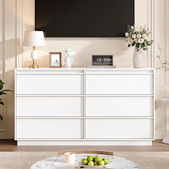 55.12" Modern Chest of Drawer, 6 Deep Drawers,Clothes Organizer,Large Storage Cabinet for Living Room, Bedroom,Dresser TV Stand, Wood Drawer Organizer for Living Room, Hallway,White